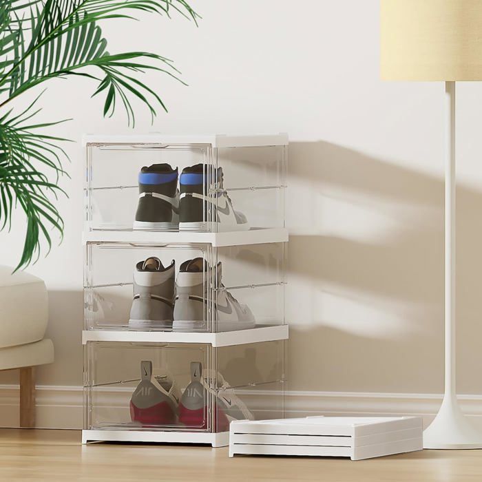 xl - transparent boîtes à chaussures transparentes avec couvercle, lot de 3, étagère à chaussures pliable et empilable,